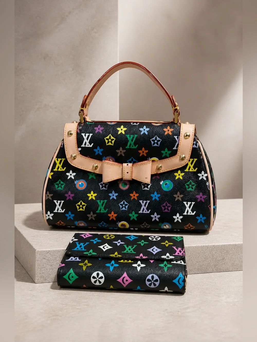 Beautiful Fancy Hand Bag & Matching Wallet Multicolor LV LOGO See Pics
